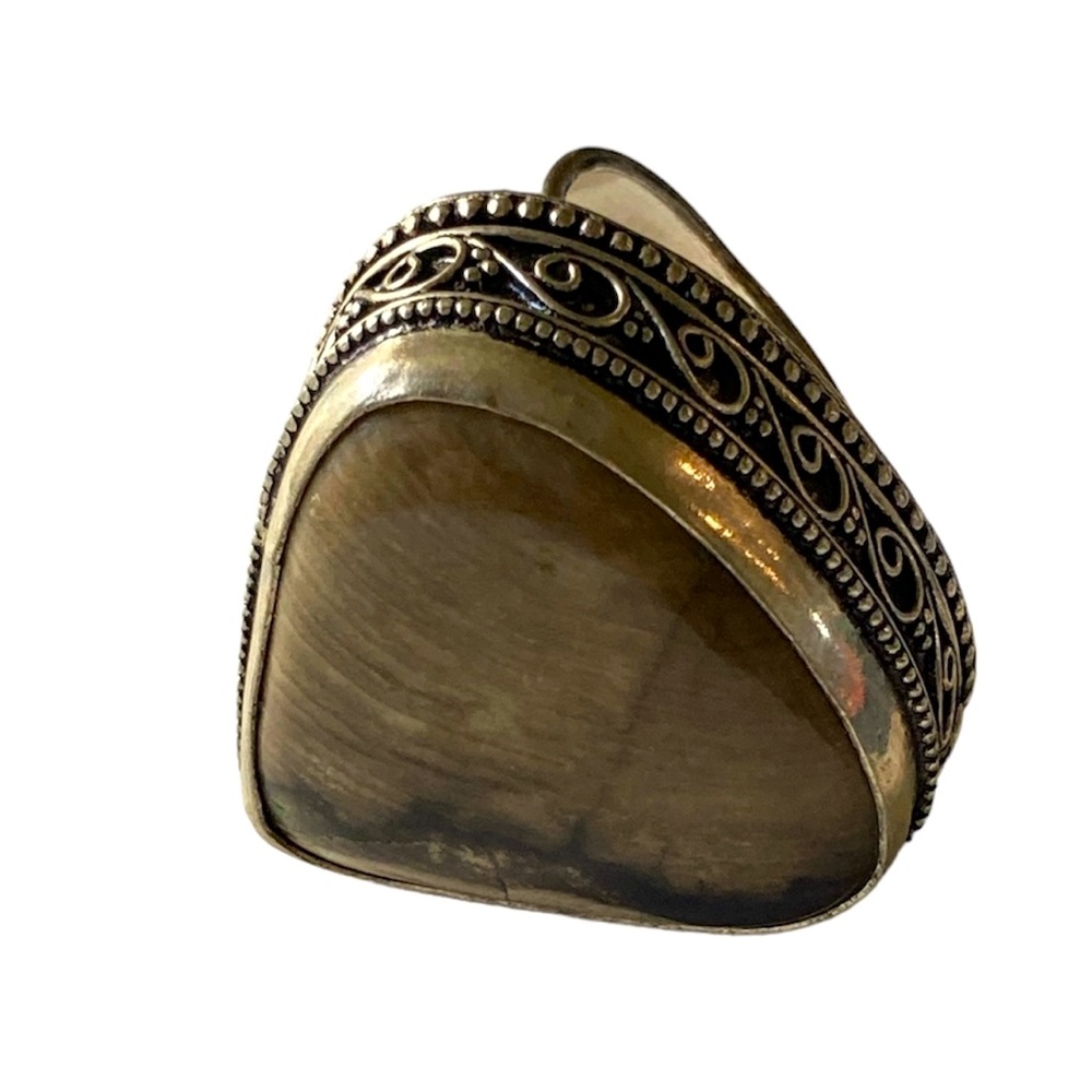 Brown Agate Stone Statement Ring 925 Silver Mount Swirling Art Deco Boho Sz 8.5